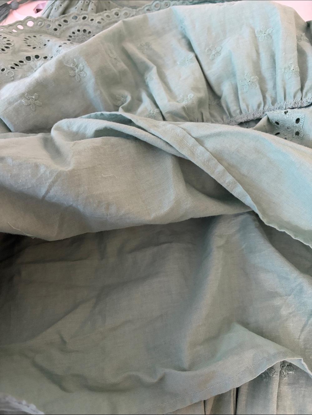easel Eyelet Soft Pastel Green 100% Cotton Tiered Trapeze Dress (L) Cottagecore - Picture 12 of 13